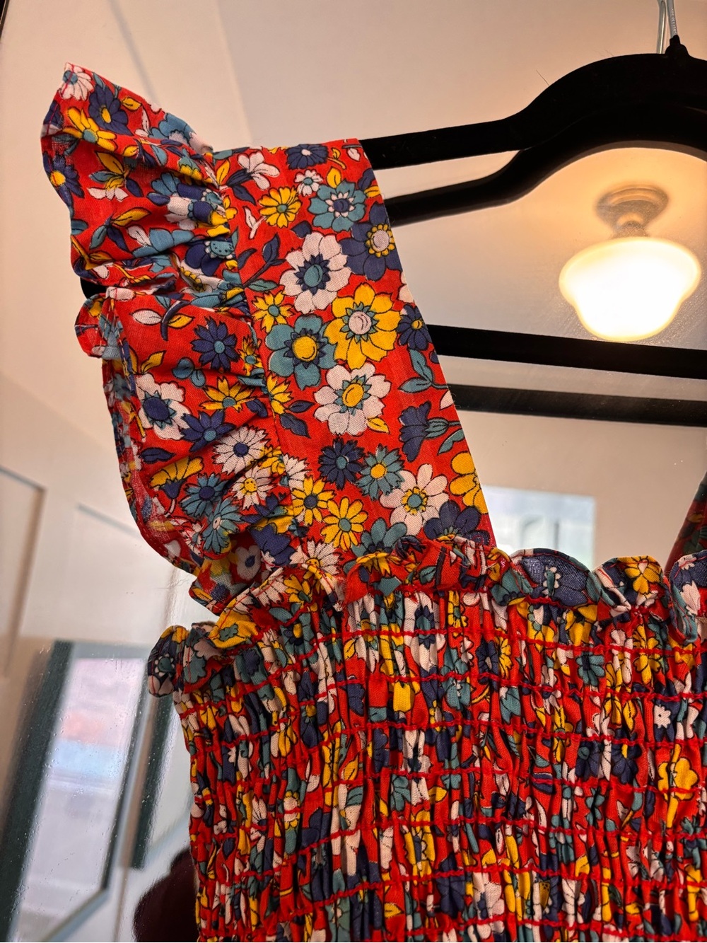 Red Floral Smocked Maxi Dress with Ruffled Straps - Picture 3 of 4